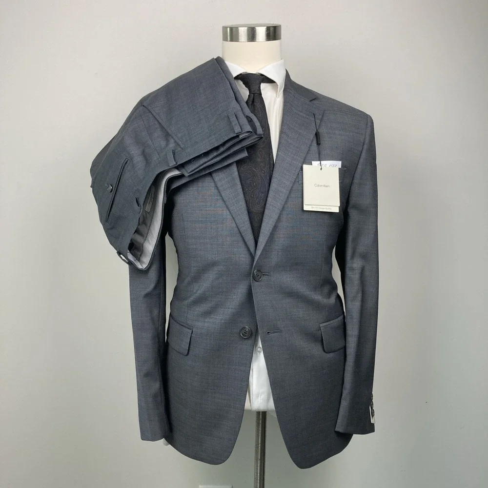 Calvin Klein Mens Slim fit 2-pc Suit Jacket Blazer 44S Pants 36W 32L Grey Wool